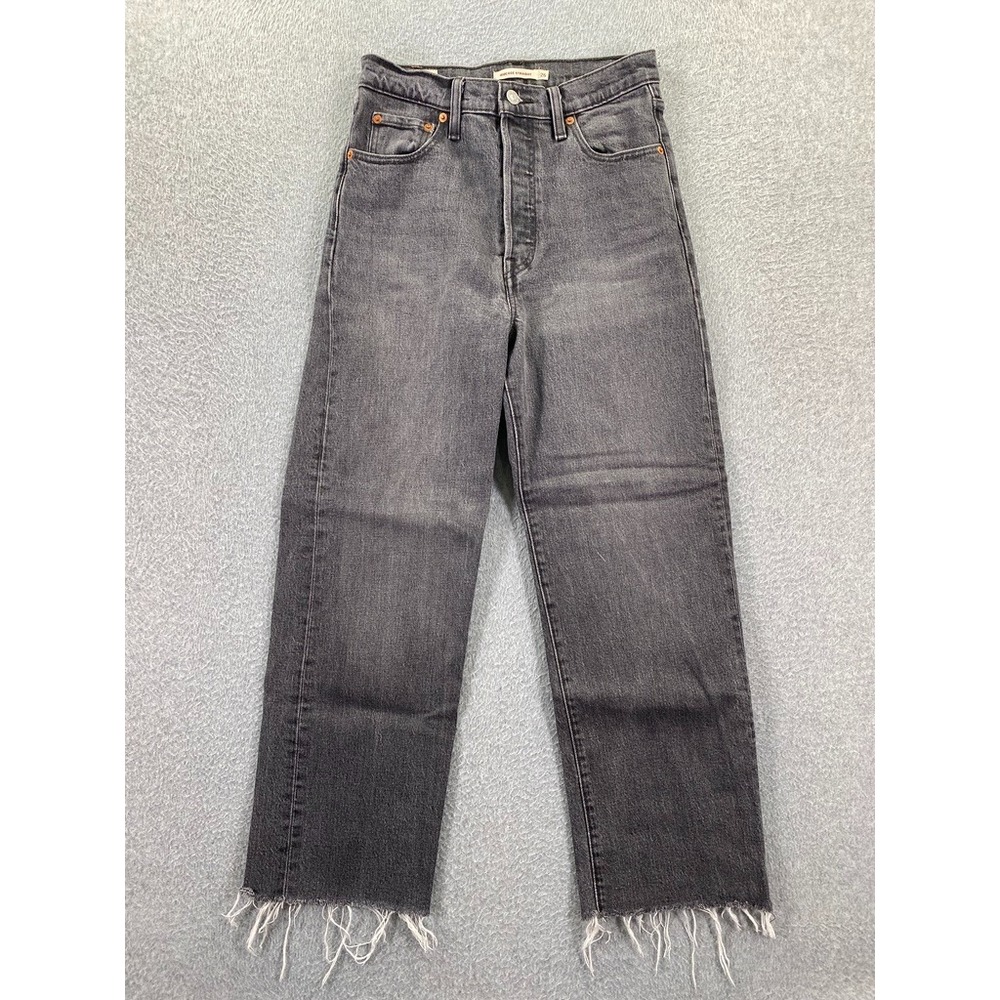 Levi's Premium Ribcage Straight Womens 26 Button Fly Raw Hem Charcoal Jeans